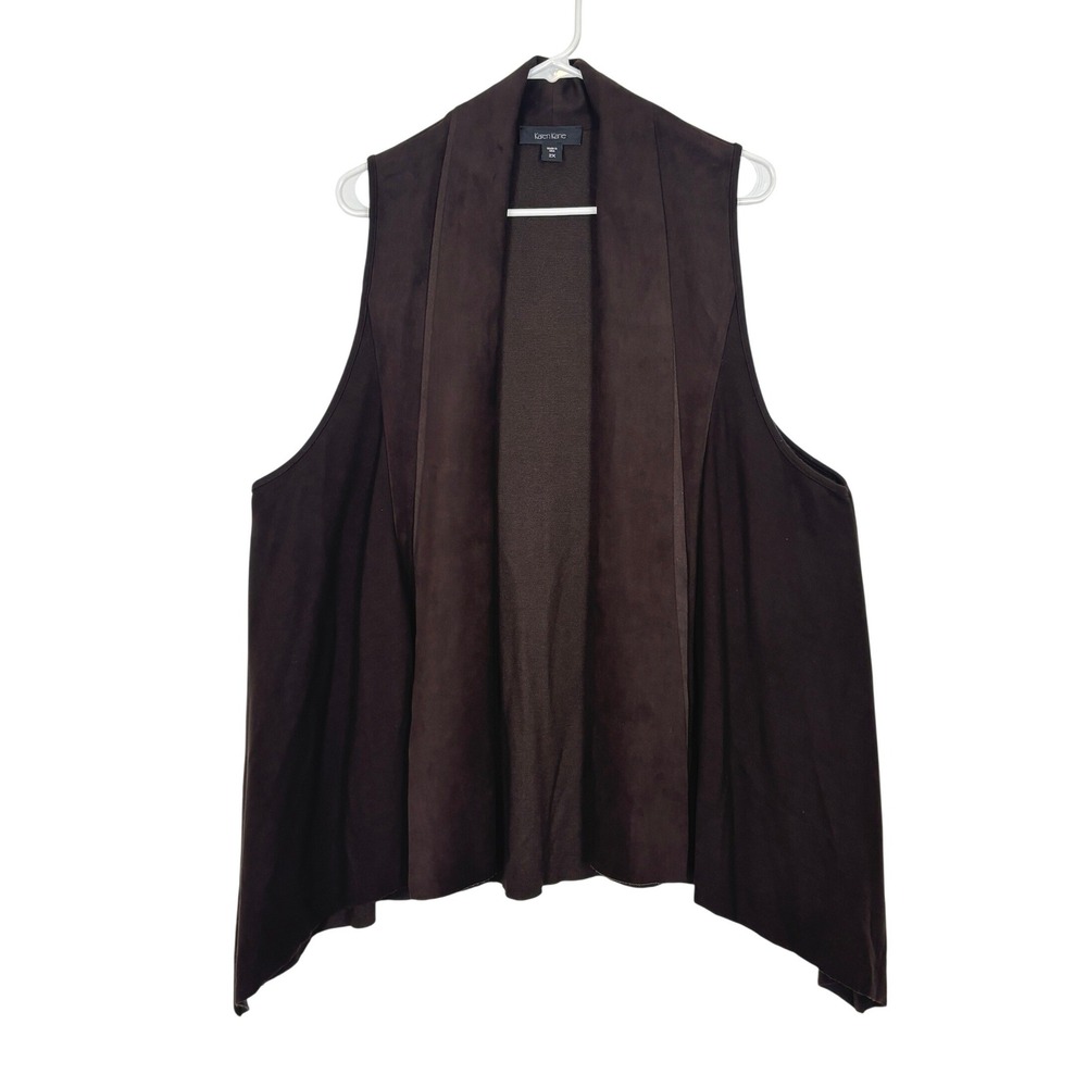 Chocolate Brown Open Front Vest Women 2X Faux Suede Draped Shawl Collar Fall